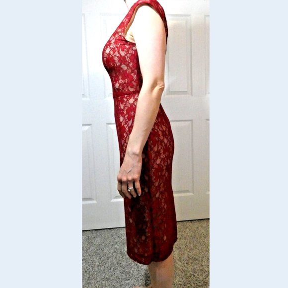 Red Dress Modest Lace Sheath Bodycon Cocktail Party French Connection Size 4 - Picture 5 of 10